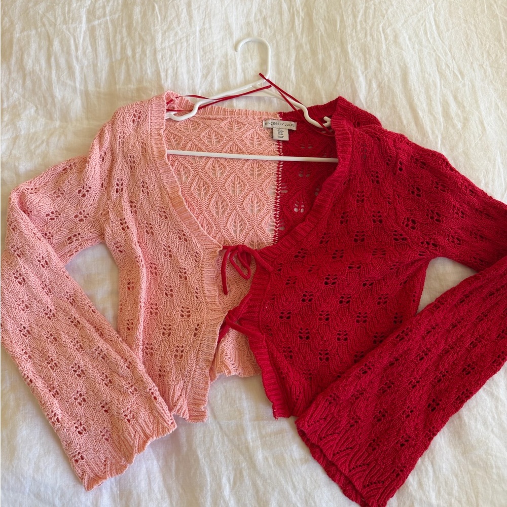 Sincerely Jules Two-Tone Pink & Red Crochet Tie-Front Cardigan